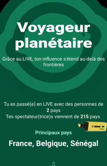 Bilan TikTok LIVE de Visite Arabie : badge Voyageur planétaire, des spectateurs venus de 215 pays, principalement France, Belgique et Sénégal