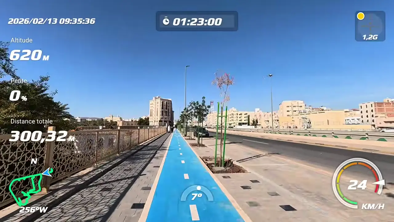 La piste cyclable bleue au départ de la station vélo de Qubâʾ