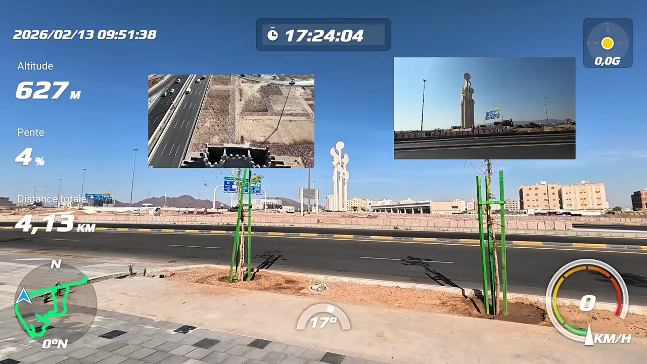 La piste cyclable devant le monument des tambours, avec en médaillon la porte de Médine vue du drone